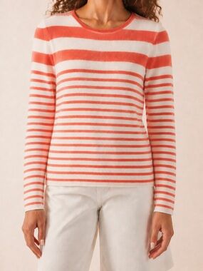 LORD & Taylor 100% Cashmere Salmon Pink & White Striped Crew Neck Sweater Size M